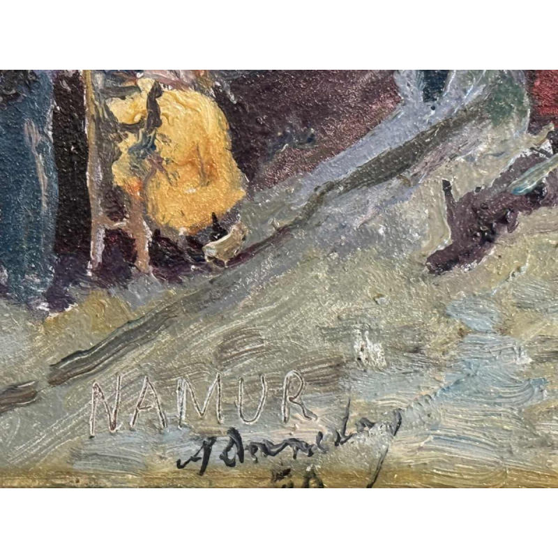 Albert DANDOY « La rue des bouchers à Namur 1950 » peinture huile sur cuivre