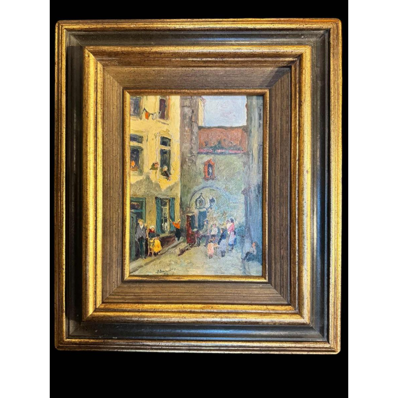 Albert DANDOY « La rue des bouchers à Namur 1950 » peinture huile sur cuivre