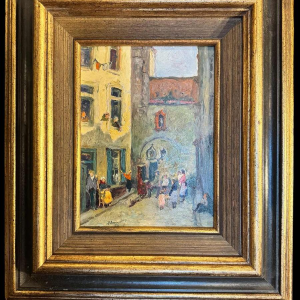 Albert DANDOY "De straat van de slagers in Namen" schilderij olieverf op koper