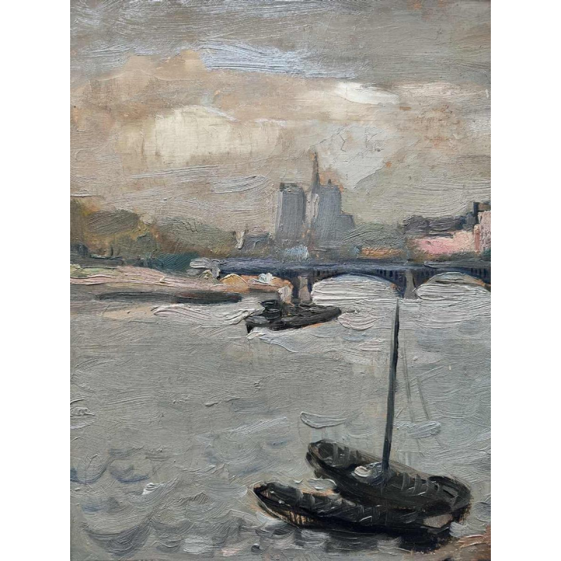 Gustave CAMUS "Gezicht op de Notre-Dame de Paris" Olie op paneel 1939