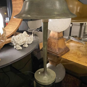 JEAN PERZE (73cm) Zeldzame Art Deco Tafellamp N°516 Brons & Opaalglas 1936