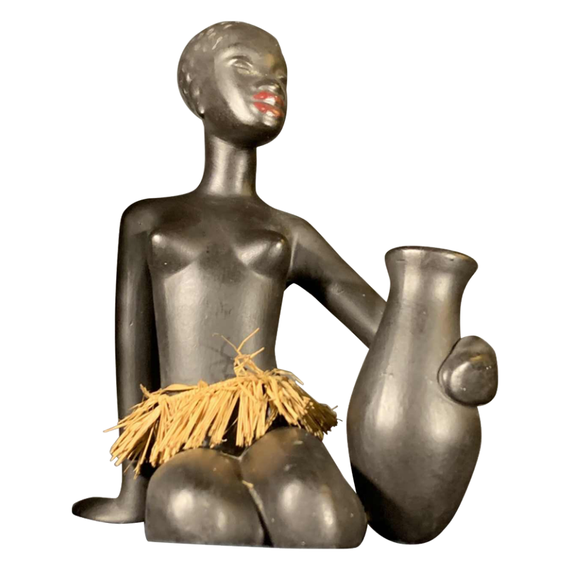 ANZENGRUBER KERAMIK, Sculpture Femme Africaine Watusi nue au tamtam céramique
