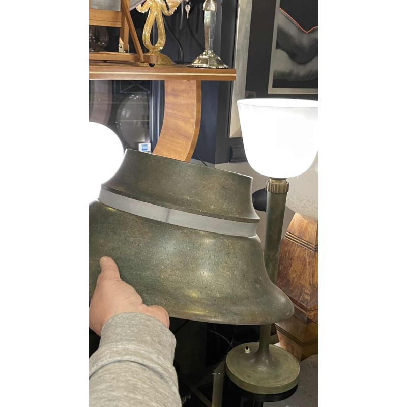 JEAN PERZE (73cm) Zeldzame Art Deco Tafellamp N°516 Brons & Opaalglas 1936
