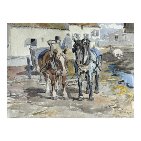 Victor FERMEUSE "Chevaux de trait et cochon dans la cour à Heyst" aquarelle sur papier, 1935