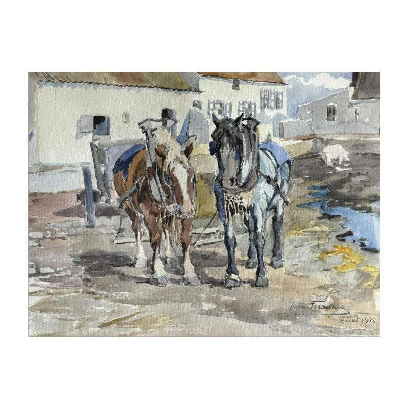 Victor FERMEUSE "Chevaux de trait et cochon dans la cour à Heyst" aquarelle sur papier, 1935