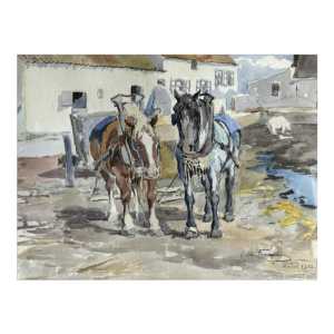 Victor FERMEUSE "Chevaux de trait et cochon dans la cour à Heyst" aquarelle sur papier, 1935