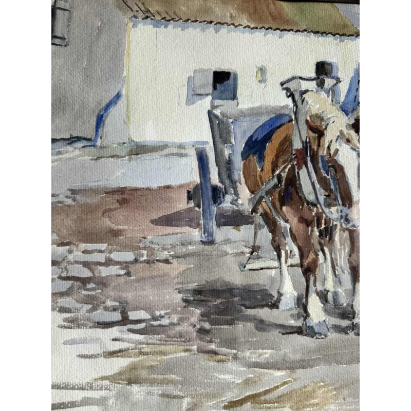 Victor FERMEUSE ‘Draught horses and pig in the yard at Heyst’ watercolour on paper, 1935