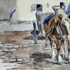 Victor FERMEUSE "Chevaux de trait et cochon dans la cour à Heyst" aquarelle sur papier, 1935