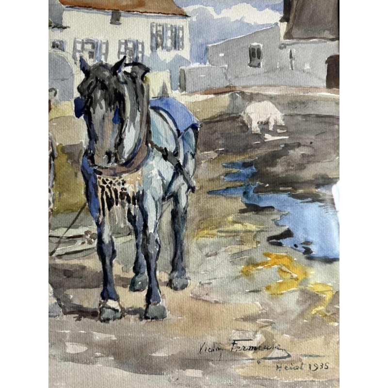 Victor FERMEUSE ‘Draught horses and pig in the yard at Heyst’ watercolour on paper, 1935