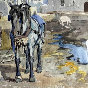 Victor FERMEUSE ‘Draught horses and pig in the yard at Heyst’ watercolour on paper, 1935