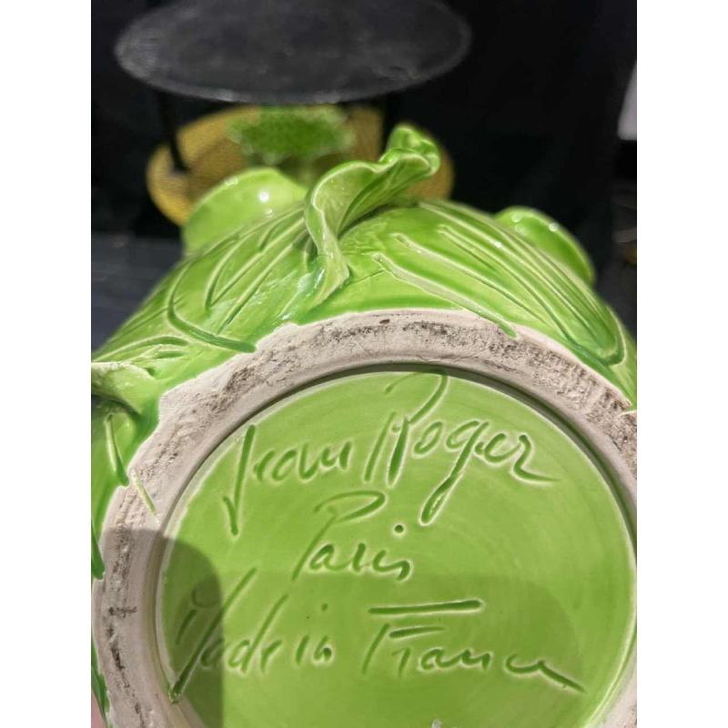 Jean ROGER, jardinière / cache-pot en céramique verte 'feuilles de choux' ca 1950