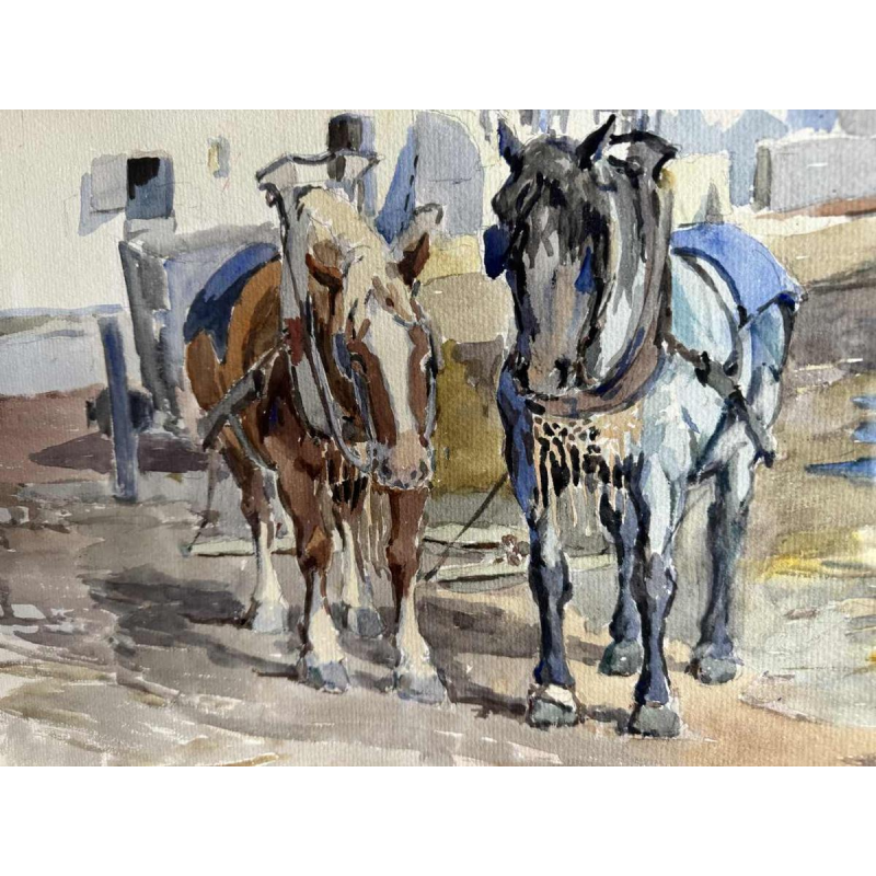 Victor FERMEUSE “Trekpaarden en varken op het erf in Heyst” aquarel op papier, 1935