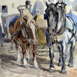 Victor FERMEUSE ‘Draught horses and pig in the yard at Heyst’ watercolour on paper, 1935