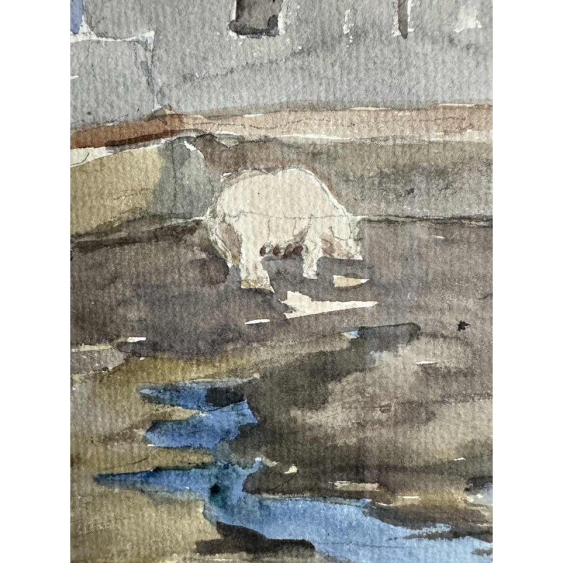 Victor FERMEUSE "Chevaux de trait et cochon dans la cour à Heyst" aquarelle sur papier, 1935