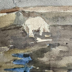 Victor FERMEUSE "Chevaux de trait et cochon dans la cour à Heyst" aquarelle sur papier, 1935