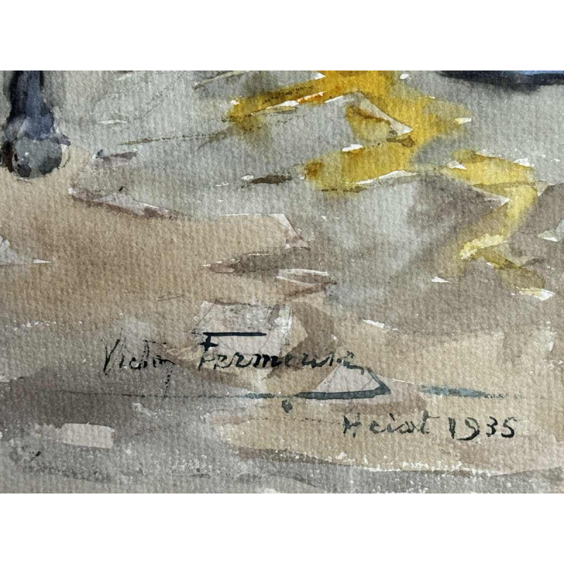 Victor FERMEUSE "Chevaux de trait et cochon dans la cour à Heyst" aquarelle sur papier, 1935