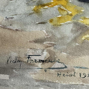 Victor FERMEUSE "Chevaux de trait et cochon dans la cour à Heyst" aquarelle sur papier, 1935