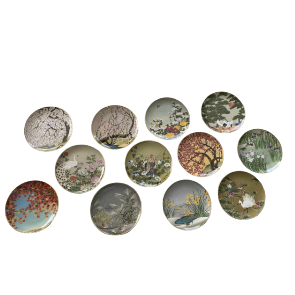 Naoka Nobata pour Franklin Mint, 12 assiettes en porcelaine, oiseaux et fleurs de l'Extrême - Orient