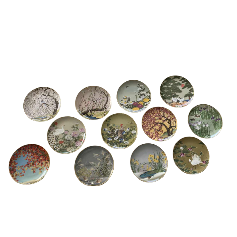 Naoka Nobata pour Franklin Mint, 12 assiettes en porcelaine, oiseaux et fleurs de l'Extrême - Orient