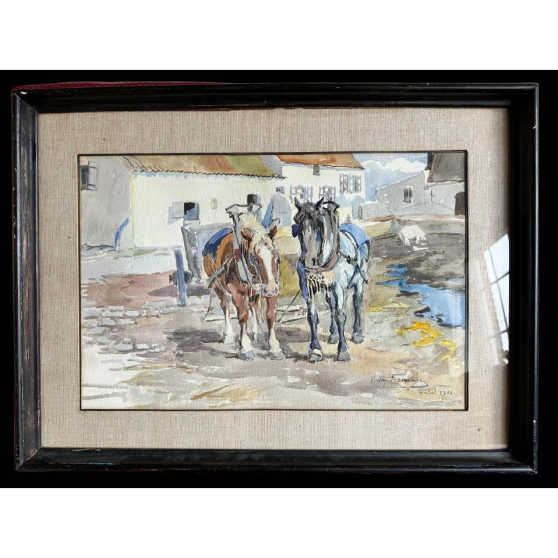 Victor FERMEUSE "Chevaux de trait et cochon dans la cour à Heyst" aquarelle sur papier, 1935