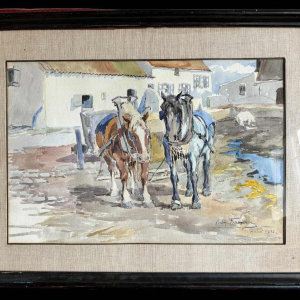Victor FERMEUSE ‘Draught horses and pig in the yard at Heyst’ watercolour on paper, 1935
