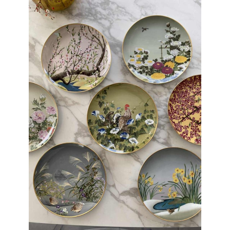 Naoka Nobata for Franklin Mint, 12 porcelain plates, birds and flowers from the Far East