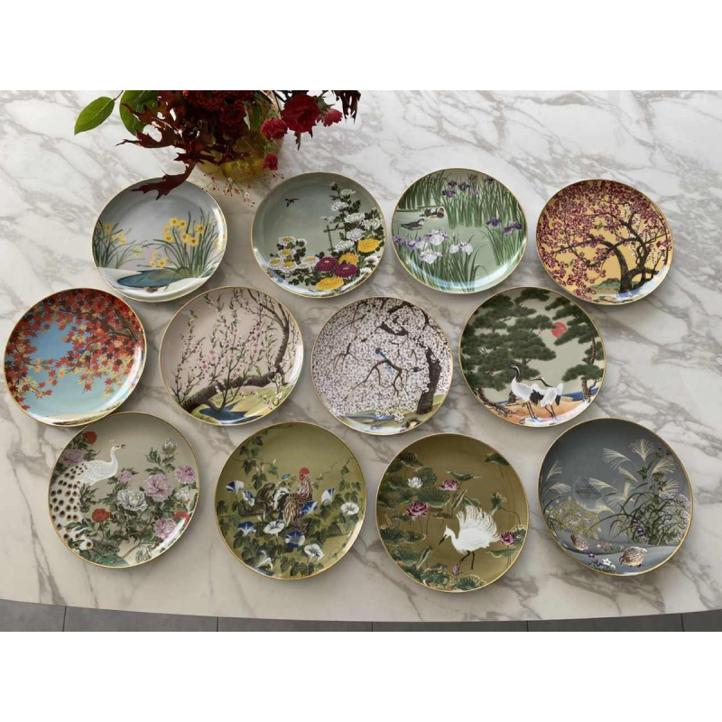 Naoka Nobata voor Franklin Mint, 12 porseleinen borden, vogels en bloemen uit het Verre Oosten