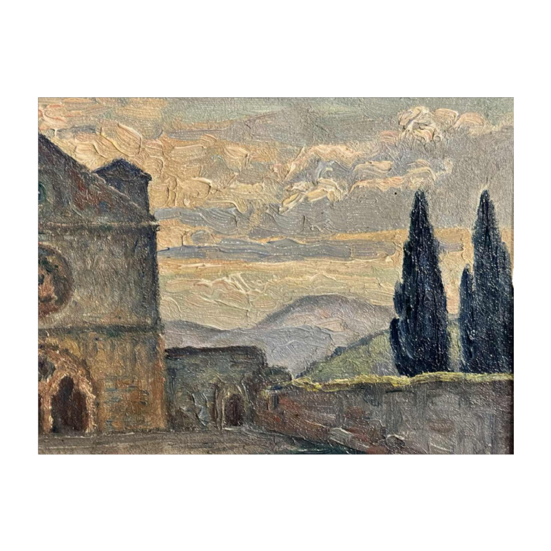 Eugène COLIGNON « Basilique St François à Assise 1928 » peinture huile sur carton