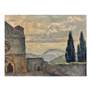 Eugène COLIGNON « Basilique St François à Assise 1928 » peinture huile sur carton