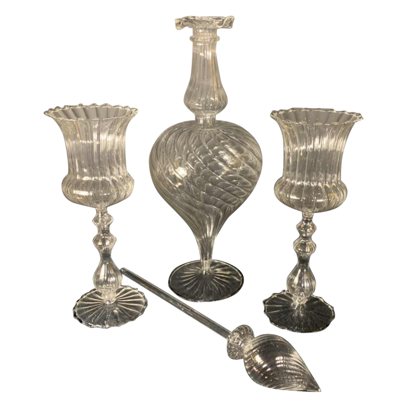 MURANO, ensemble carafe 6 verres et mélangeur, verre soufflé incolore, 1980s
