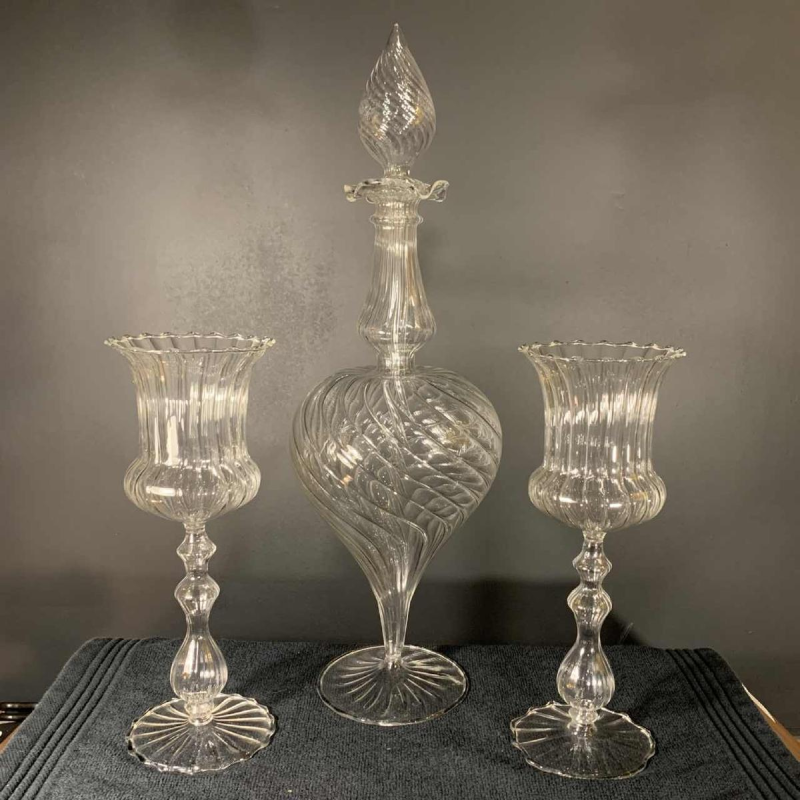 MURANO, decanter set with 6 glasses and mixer, colorless blown glass, 1980s