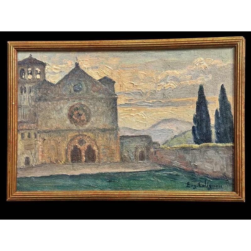 Eugène COLIGNON « Basilique St François à Assise 1928 » peinture huile sur carton
