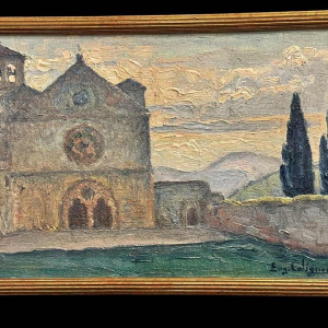 Eugène COLIGNON « Basilique St François à Assise 1928 » peinture huile sur carton