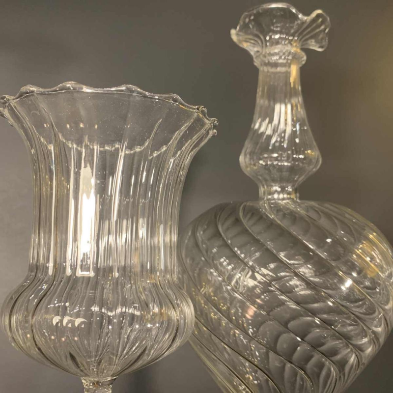 MURANO, decanter set with 6 glasses and mixer, colorless blown glass, 1980s