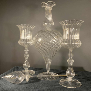 MURANO, ensemble carafe 6 verres et mélangeur, verre soufflé incolore, 1980s