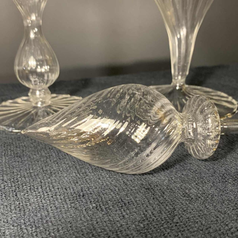 MURANO, decanter set with 6 glasses and mixer, colorless blown glass, 1980s