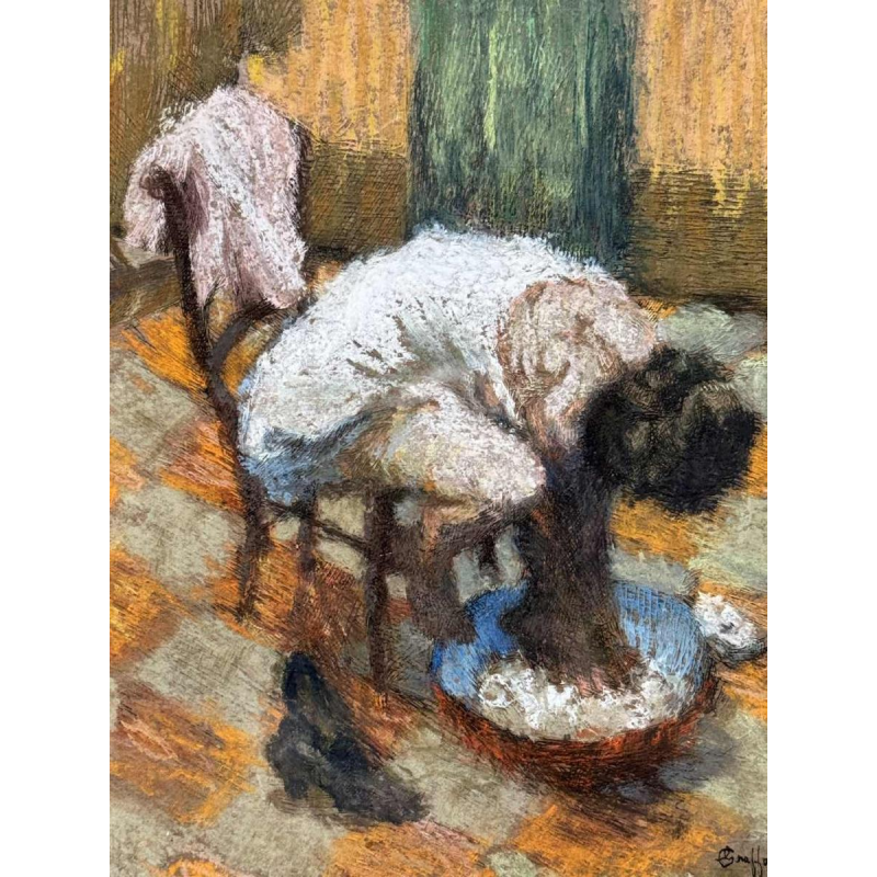 Charles GRAFFART “ La toilette des pieds ” schilderij gemengde techniek op papier