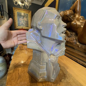 ANGELO HECQ for HELMAN ‘Pierrot’ cubist sculpture, iridescent stoneware 1932