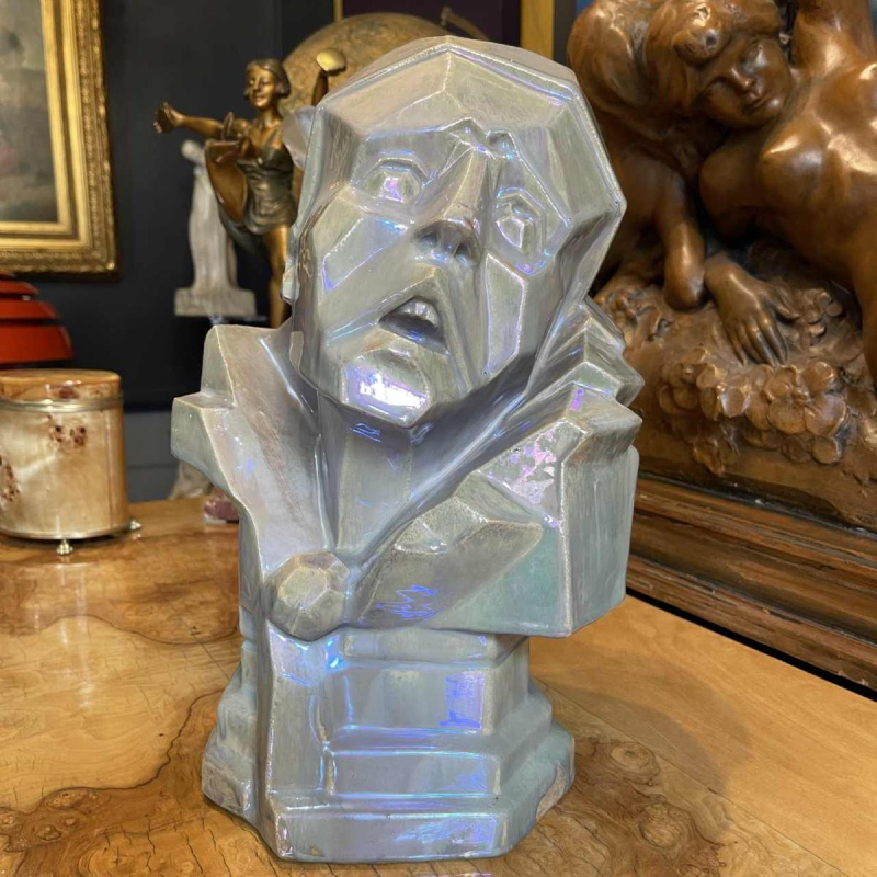 ANGELO HECQ pour HELMAN "Pierrot" sculpture cubiste, céramique grès irisé 1932