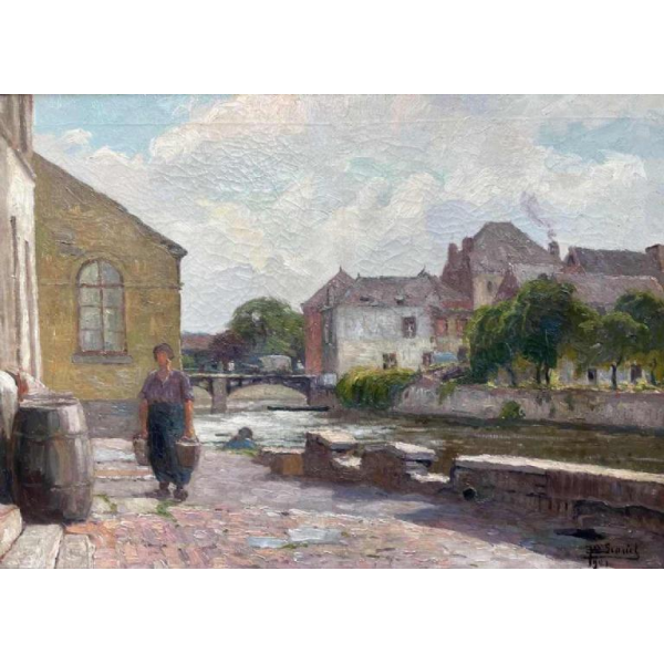 Jean-Baptiste Scoriel « Paysage de bord de Sambre - Namur ? » hst 50x70 cm