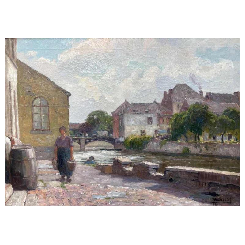 Jean-Baptiste Scoriel Landschap langs de Samber - Namen ? hst 50x70 cm