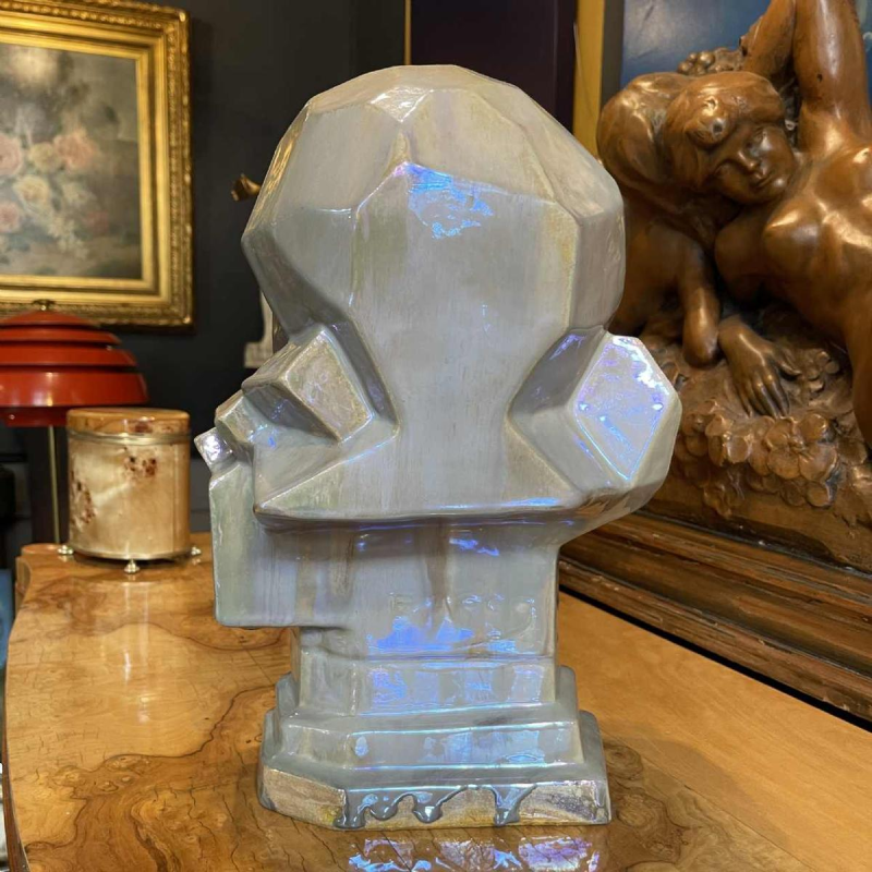 ANGELO HECQ pour HELMAN "Pierrot" sculpture cubiste, céramique grès irisé 1932