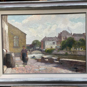 Jean-Baptiste Scoriel Landscape along the Sambre - Namur ? hst 50x70 cm