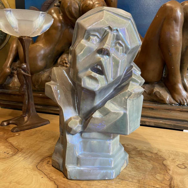 ANGELO HECQ pour HELMAN "Pierrot" sculpture cubiste, céramique grès irisé 1932