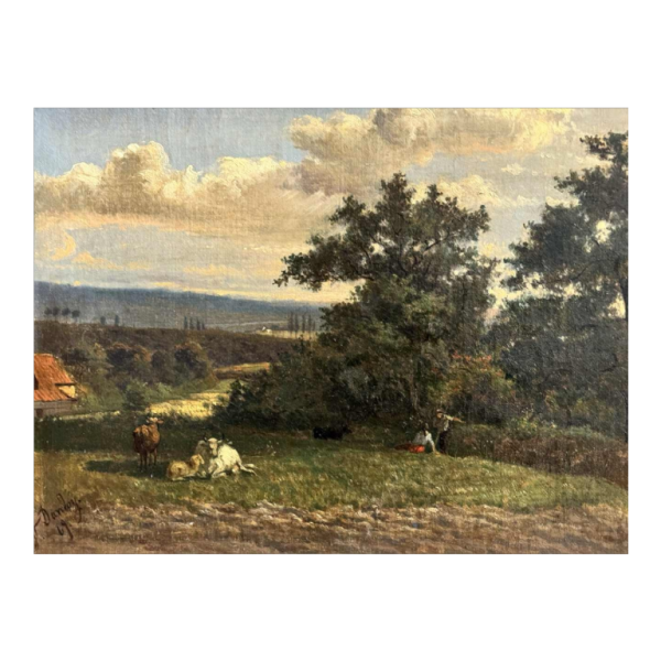 Auguste DANDOY "Animated Mosan landscape" painting oil on canvas