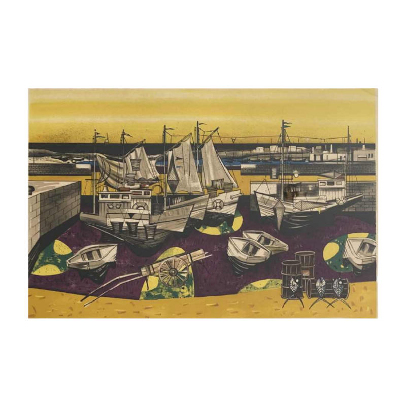 Gustave Camus 'Vue de port, bateaux de pêche' lithogravure couleur numérotée 9/125