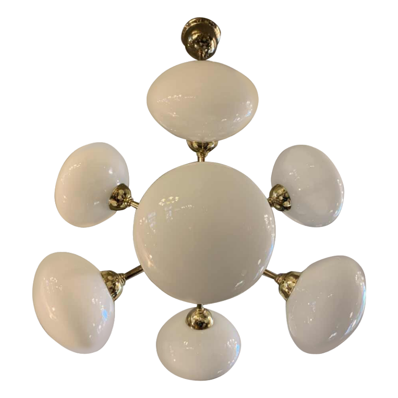 Lustre Suspension Design Sputnik, laiton doré, 8 globes boules verre opaline 70s