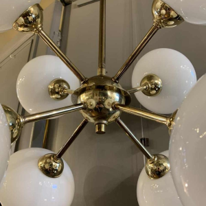 Sputnik Design Chandelier, golden brass, 8 opaline glass ball globes, 1970s