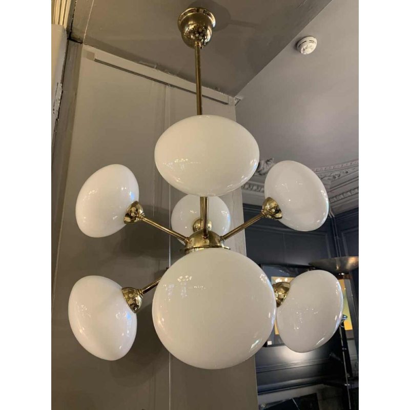 Sputnik Design Chandelier, golden brass, 8 opaline glass ball globes, 1970s