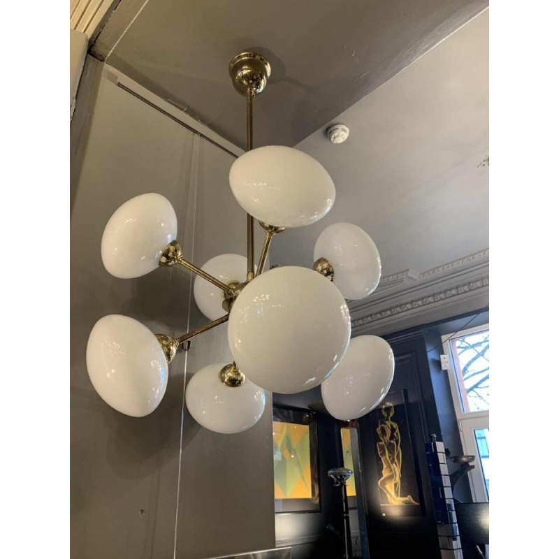 Sputnik Design Chandelier, golden brass, 8 opaline glass ball globes, 1970s